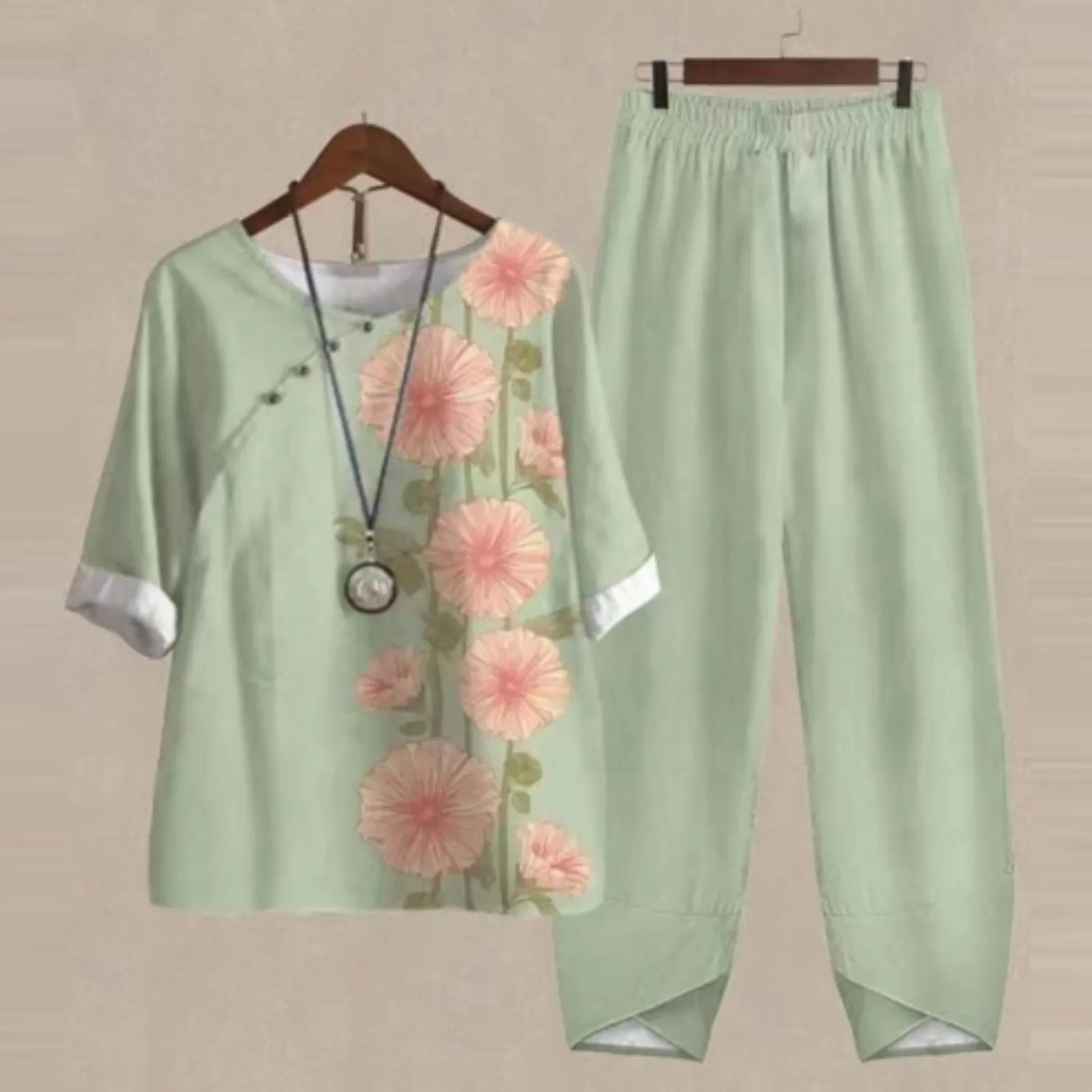 Ladies Two Piece Set Women Elegant O Neck Five Sleeve Printed Blouse Pants Two Piece Loose T Shirt High Waist Loose Pants Suit