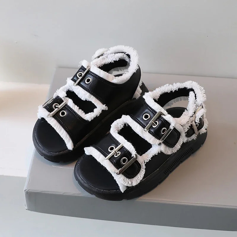Fashion Children Sandals Buckle Chunky Tassel Summer Girls Beach Sliders Pink Black 26-36 Pu Leather Comfy Kids Shoes Flat 240513