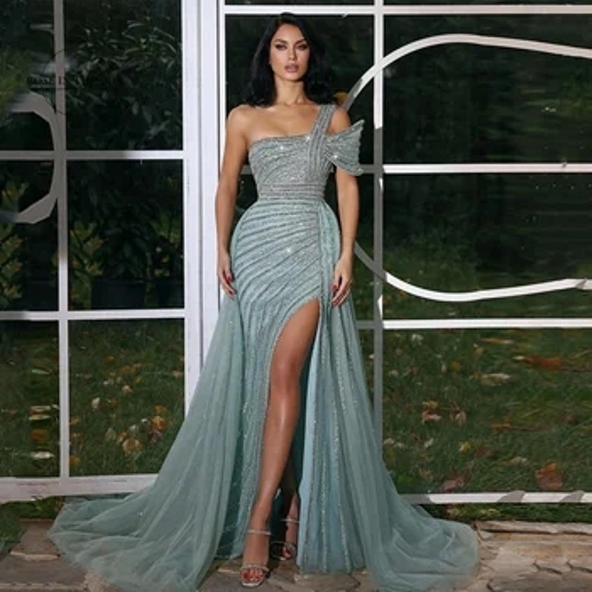 Luxury Beads Sequins Evening Dresses Sexy Side Split One Shoulder Spaghetti Backless Prom Gowns For Women Occasion Wears BM3509