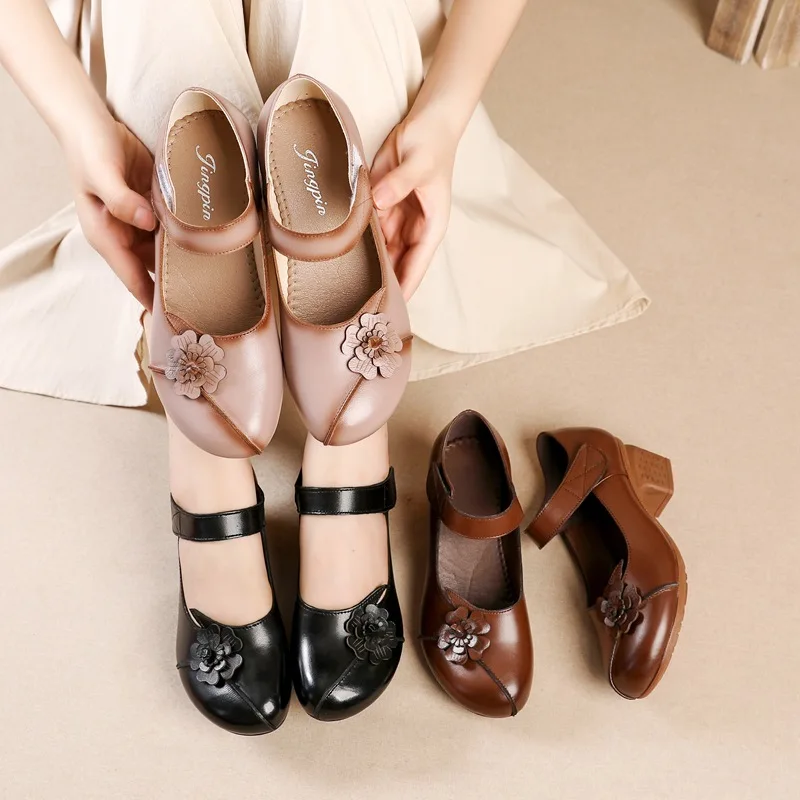 Concise Flower Pumps Women's Vintage Heels Ladies Genuine Leather Shoes Mary Jane Pumps Woman Coarse Heel Shoes Pumps Sandals