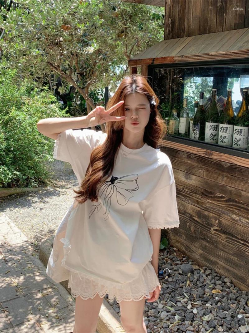 Womens T Shirts Graphic Bow Loose Lace Hem White T-Shirt Women Oversized Top #korean Cloth E-girl Fairycore 2000s Grunge Aesthetic
