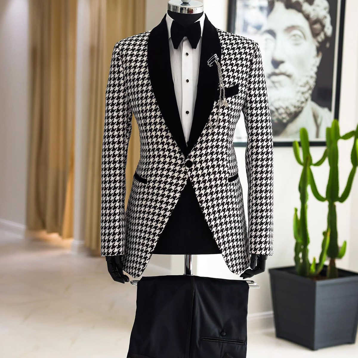 White Plaid Mens Wedding Tuxedos Shawl Lapel Ceremony Groom Wear Party Birthday Black Pants Suits 2 Pieces