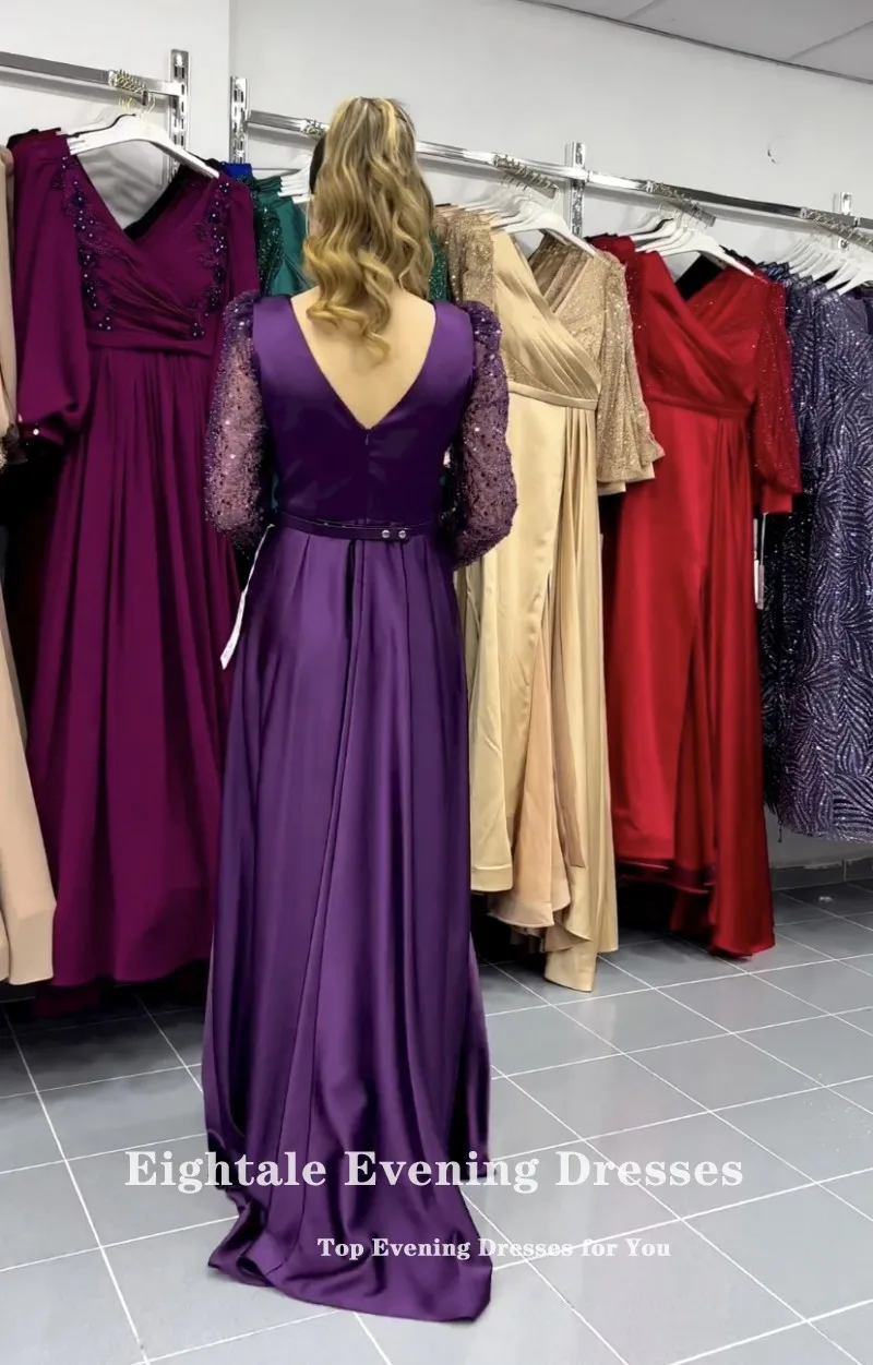 Eightale Purple Evening Dresses V-Neck Satin Long Sleeves Sequin A-Line Arabic Prom Wedding Party Gown Vestido De Fiesta