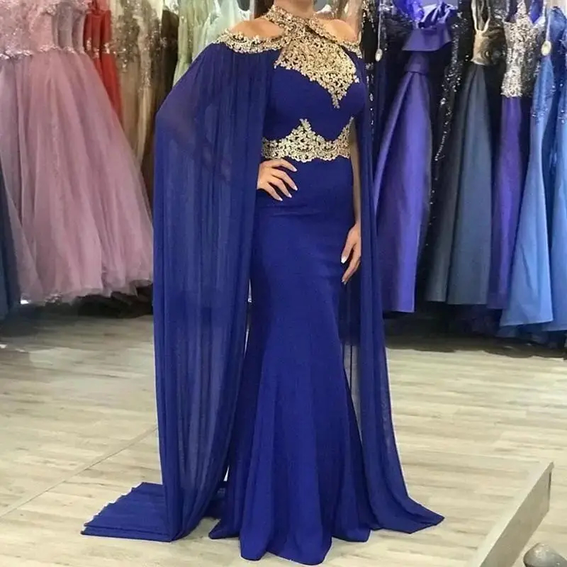 Elegant Cape Mermaid Evening Dresses With Gold Lace Appliques Royal Blue Chiffon Long Cloak Arabic Long Formal Occasion Gowns For Women 2024