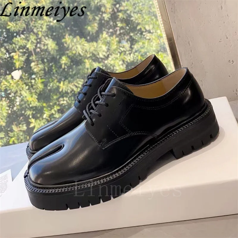 New Split Toe Shoes new Women Genuine Leather British Style Shoes Female Lace Up Casual 2025 Flat Derby Shoes Woman Zapatos De Mujer
