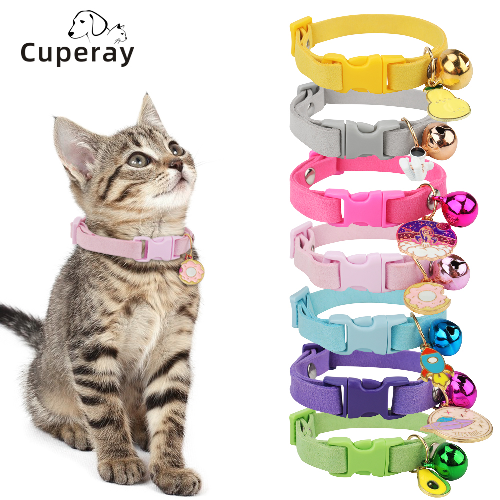 Adjustable Cat Collar Ornament Suede Cute Pet Collar with Bell and Metal Pendant Decoration Prevent Lost for Kitten and Puppies