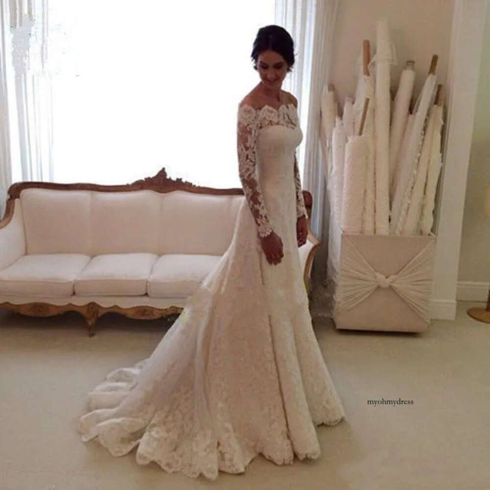 Vintage Lace Mermaid Wedding Dresses With Long Sleeve White Bateau Sweep Train Formal Bridal Gowns Buyer Show 0521