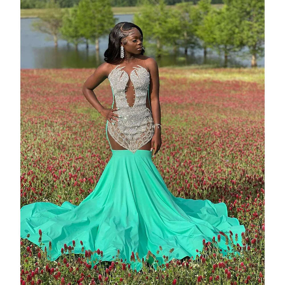 Green Mermaid Prom Dress For Black Gils Beads Crystal New Long Celebrity Gowns Formal Evening Dresses Vestidos De Noche 0521