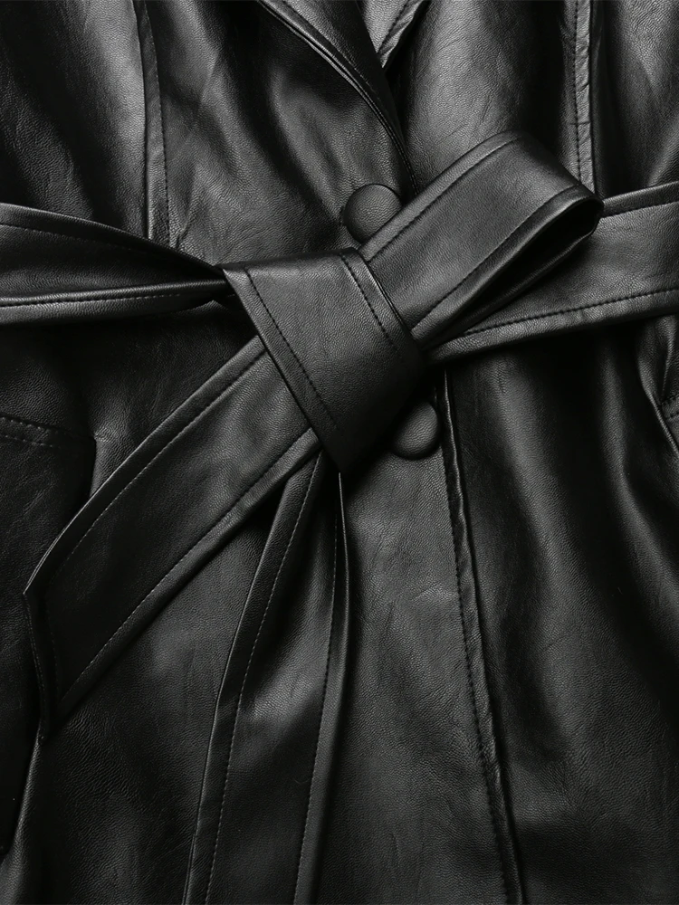 Nerazzurri Spring Autumn Long Fitted Black Pu Leather Trench Coat for Women Sashes Luxury Elegant Plus Size Outerwear 4xl 5xl