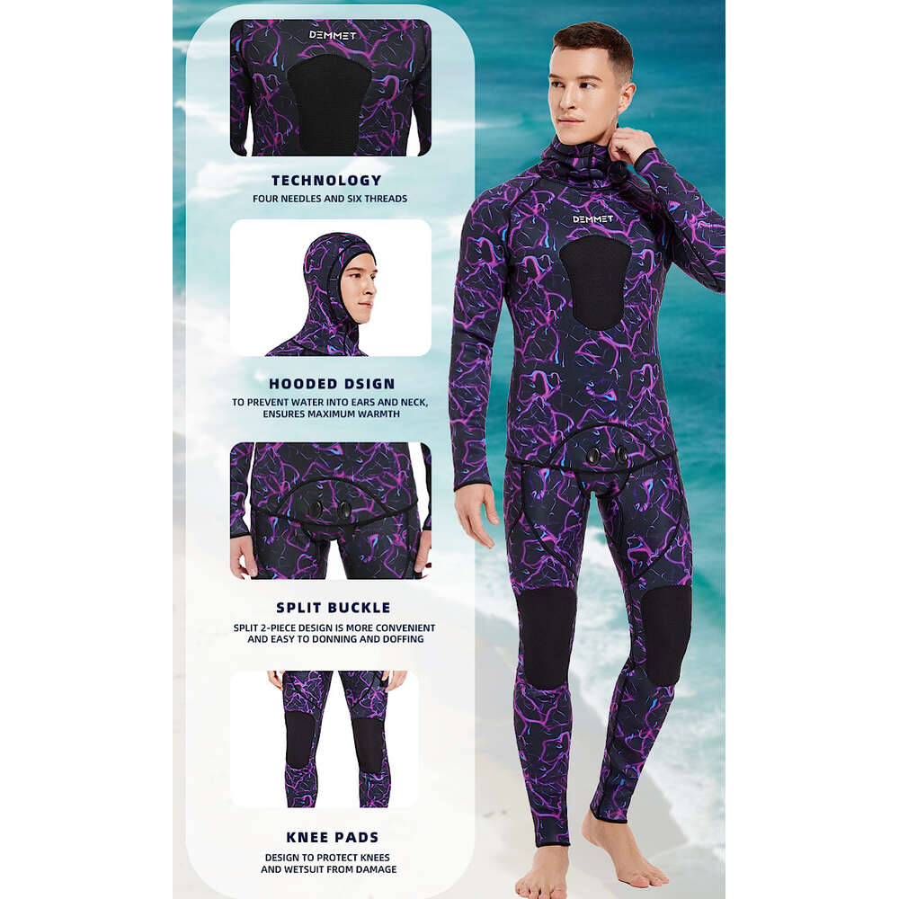 Camouflage 3mm split hooded two-piece set for men, warm cold resistant hunting and fishing free diving wet suit, surfing suit H521-265