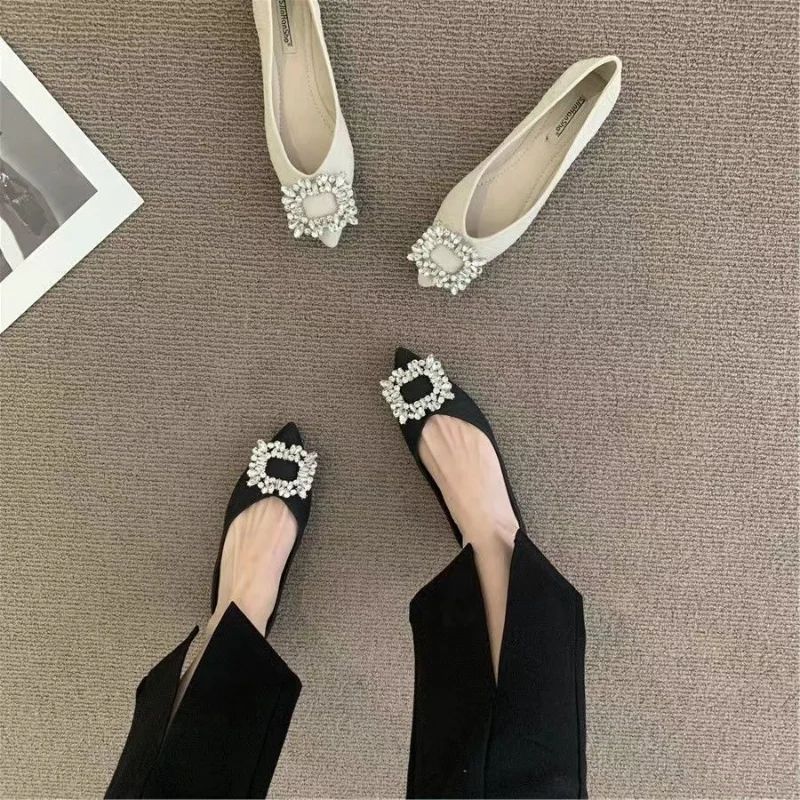 2023 New new Banquet Temperament Rhinestone French 2025 Flat Shoes Women's Summer Black Pointed Shallow Grandma Shoes Boat Shoes