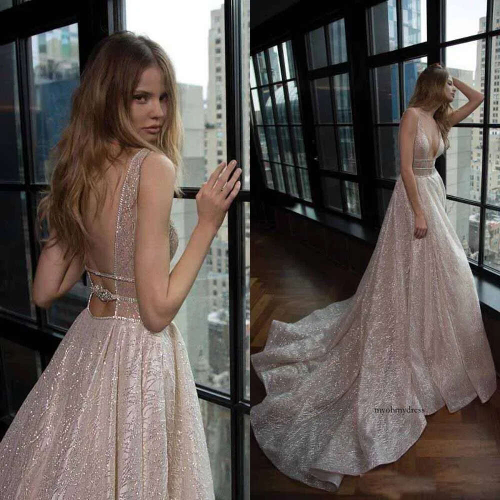 Fabulous Berta Wedding Dresses Sexy Plunging Vneck Backless Shiny Glitters Fabric Long Bridal Gowns Custom Made Vestidos De Novia 0521