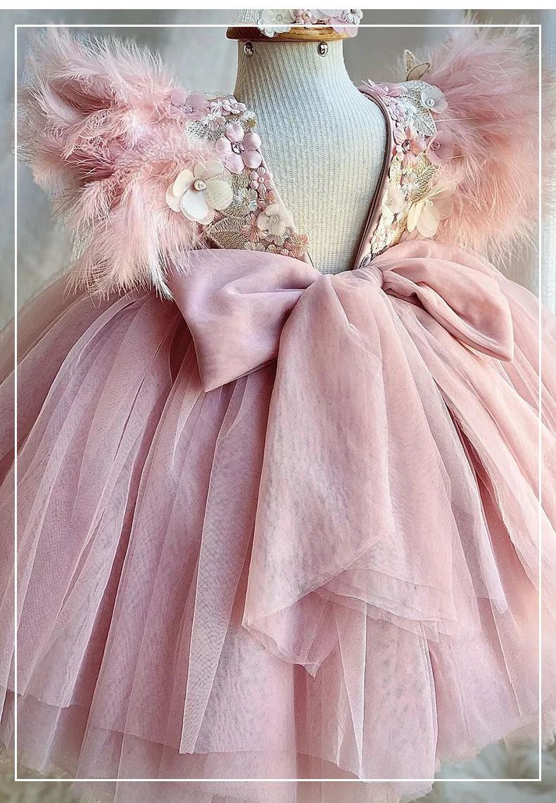 Girls Feather Lolita Princess Dress Childrens Flower Pearl Fluffy Dress Carnival Birthday Performance Clothing 240521