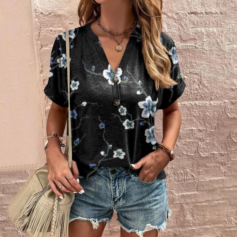 Womens T Shirts Summer Clothes For Shirt Blouse Button Vintage Print Short Sleeve Casual Basic Top Pullover Korean Style Cloth