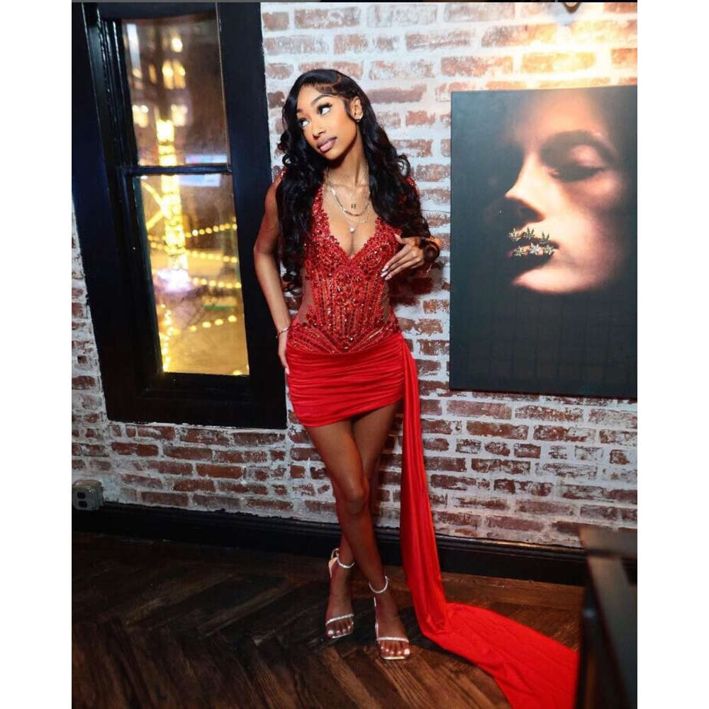Red Sparkly Short Prom Homecoming Dresses With Side Train Diamond Crystal Birthday Party Graduation Gown Vtidos De Gala Mujer 0518
