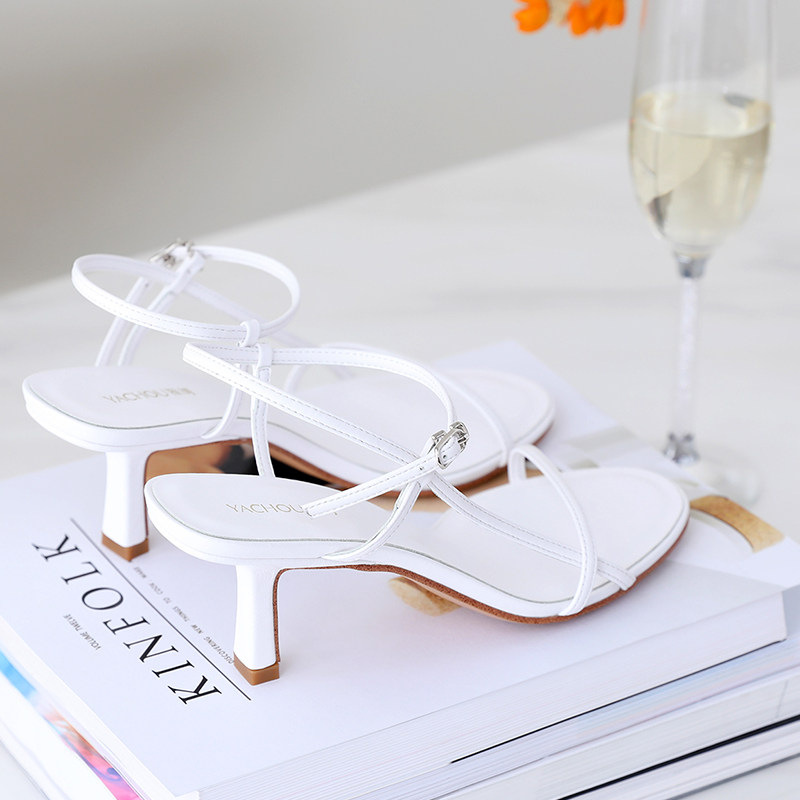Roman style narrow band gladiator sandals women thin high heels summer shoes T-strap open toe white leather sandalias mujer