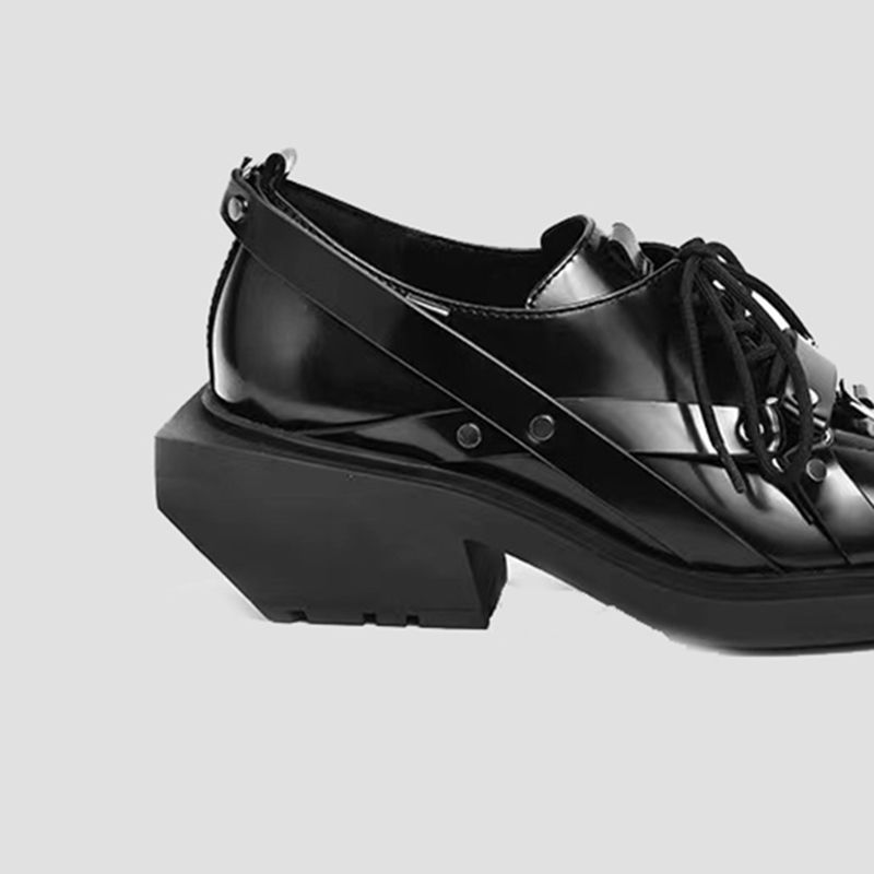 New decorate Spring 5b9ce metal Leather Loafers Women Retro Bite Thick-soled Non-slip square head wedge New men Shoes