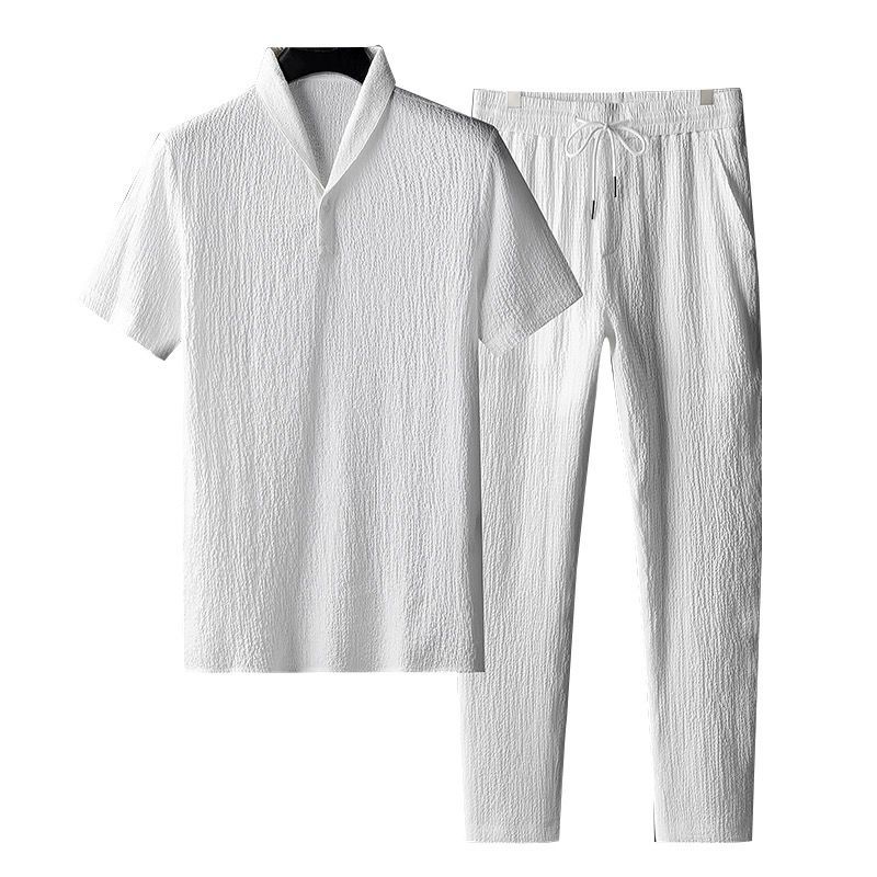 Summer Men Set Simple Solid Two-piece Sportswear Lapel T Shirt Long Pants Casual Suit Office Mens Tracksuit 240516