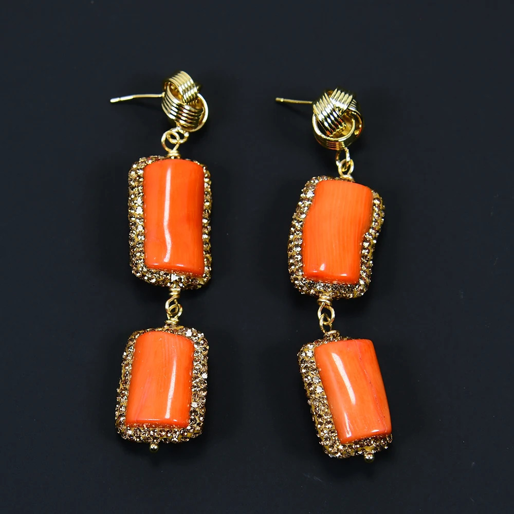 GG Natural Orange Coral Branch Golden Rhinestone CZ Paved Dangle Stud Earrings Jewelry Gifts Handmade For Women Party Gifts 240520