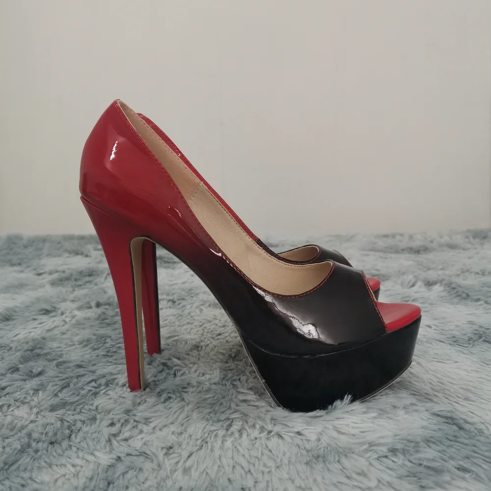2024 New Women Pumps Sexy Platform Peep Toe 14cm Extremely High Heels Stiletto Patent Leather Party Nighclub Red Wedding Shoes