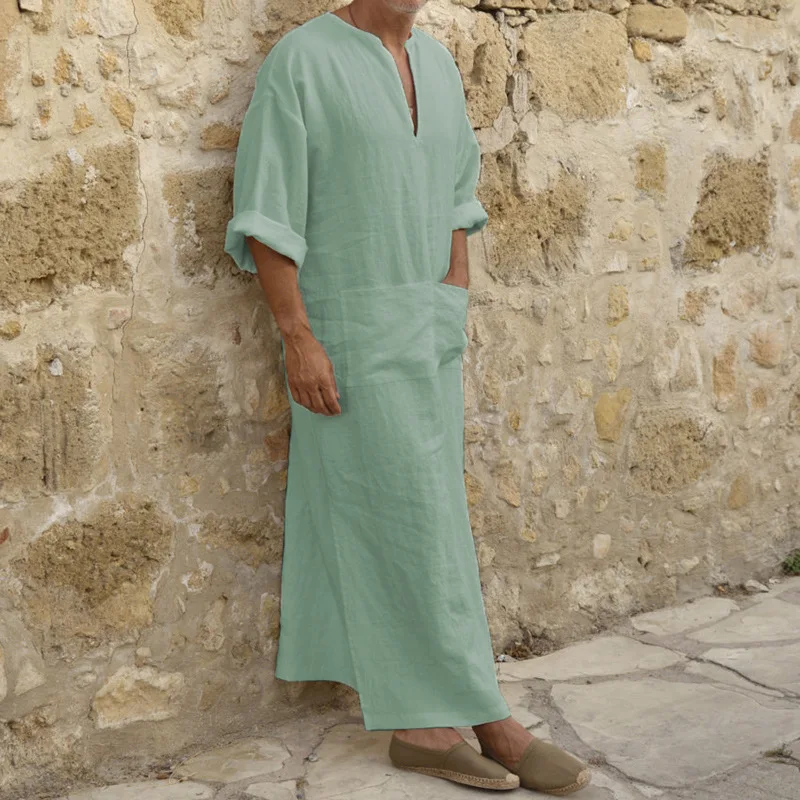 Plus Size S-5XL Men's Muslim Robe V-neck Casual Soild Cotton/Linen Pockets Loose Long Sleeve Vintage Arab Ethnic Islamic Dress