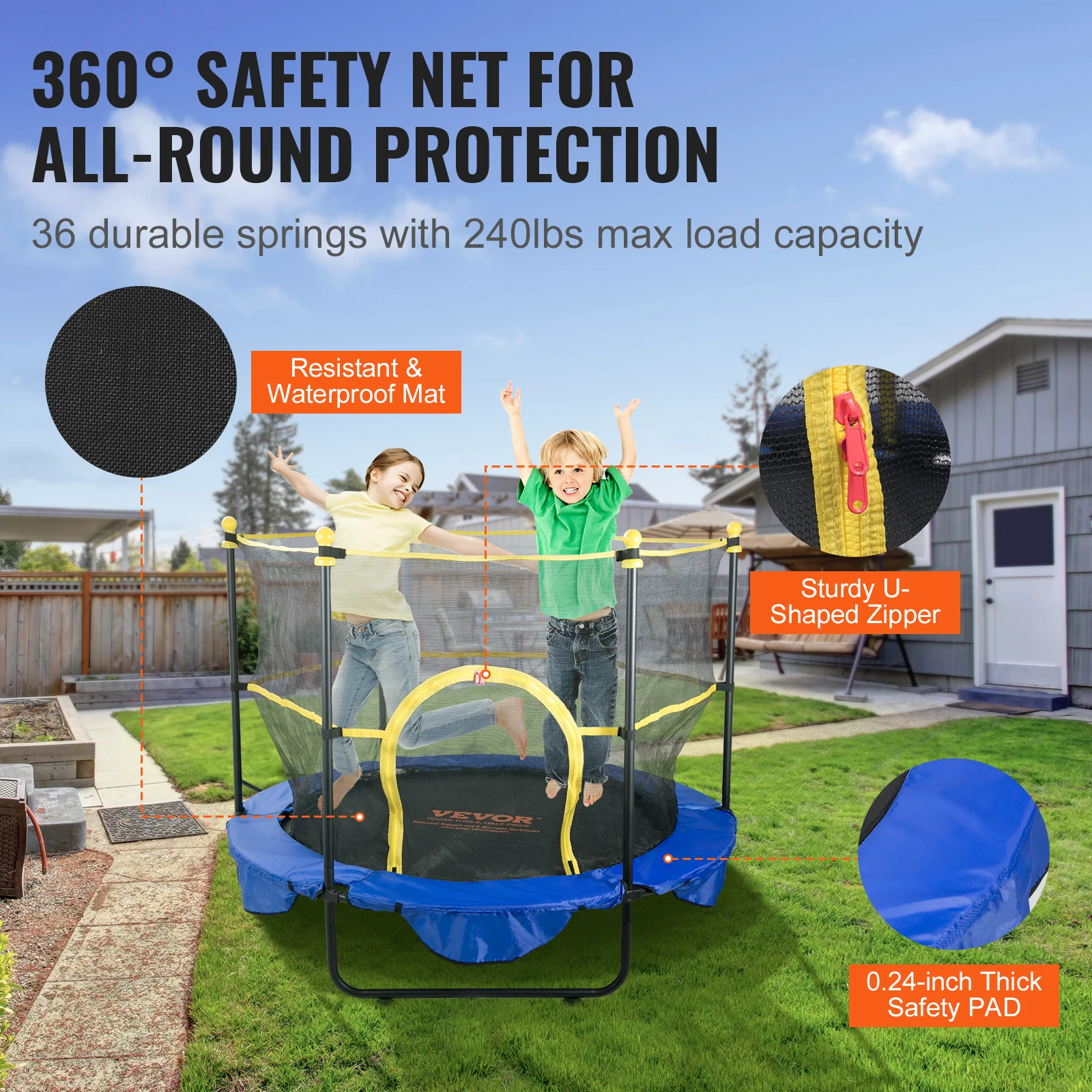 5FT for Trampoline VEVOR Kids 60" Indoor Outdoor Trampoline with Safety Enclosure Net Entertainment Support 60" smile 60" 60"