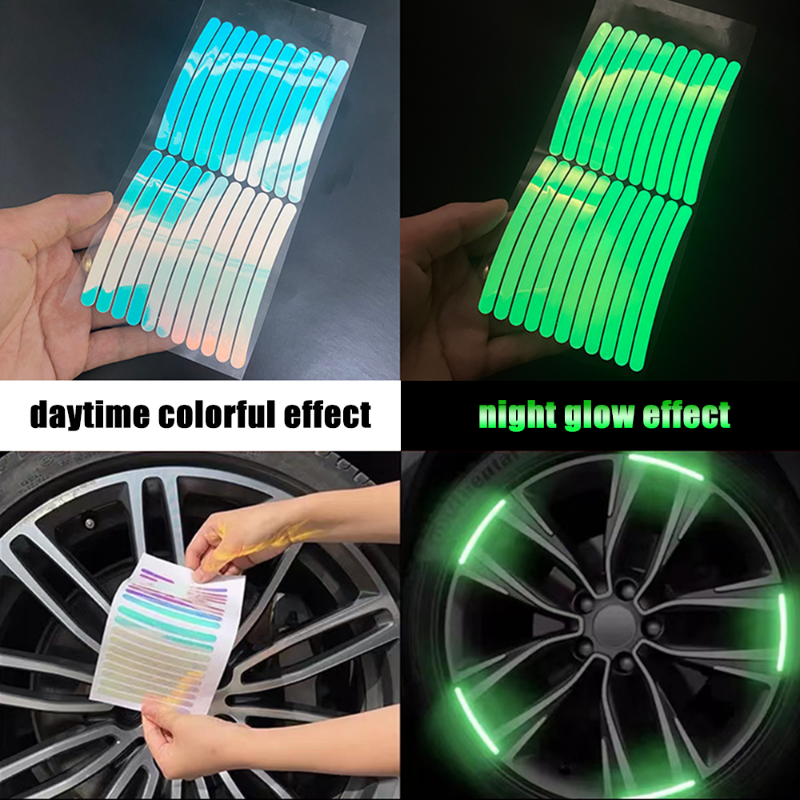 20Pcs Colorful Laser Reflective Strips Car Bike Motorcycle Wheel Hub Sticker Decal Night Driving Safety Luminous Decal Stickers