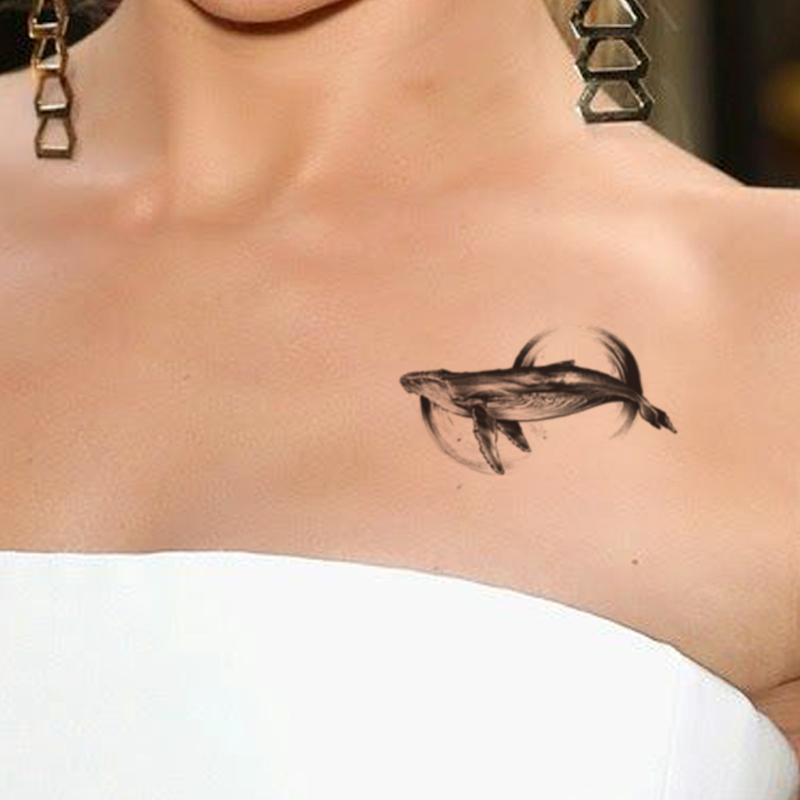 Whale Wave Waterproof Temporary Tattoo Sticker Black Earth Forest Fake Tattoos Flash Tatoos Chest Neck Body Art for Women Men