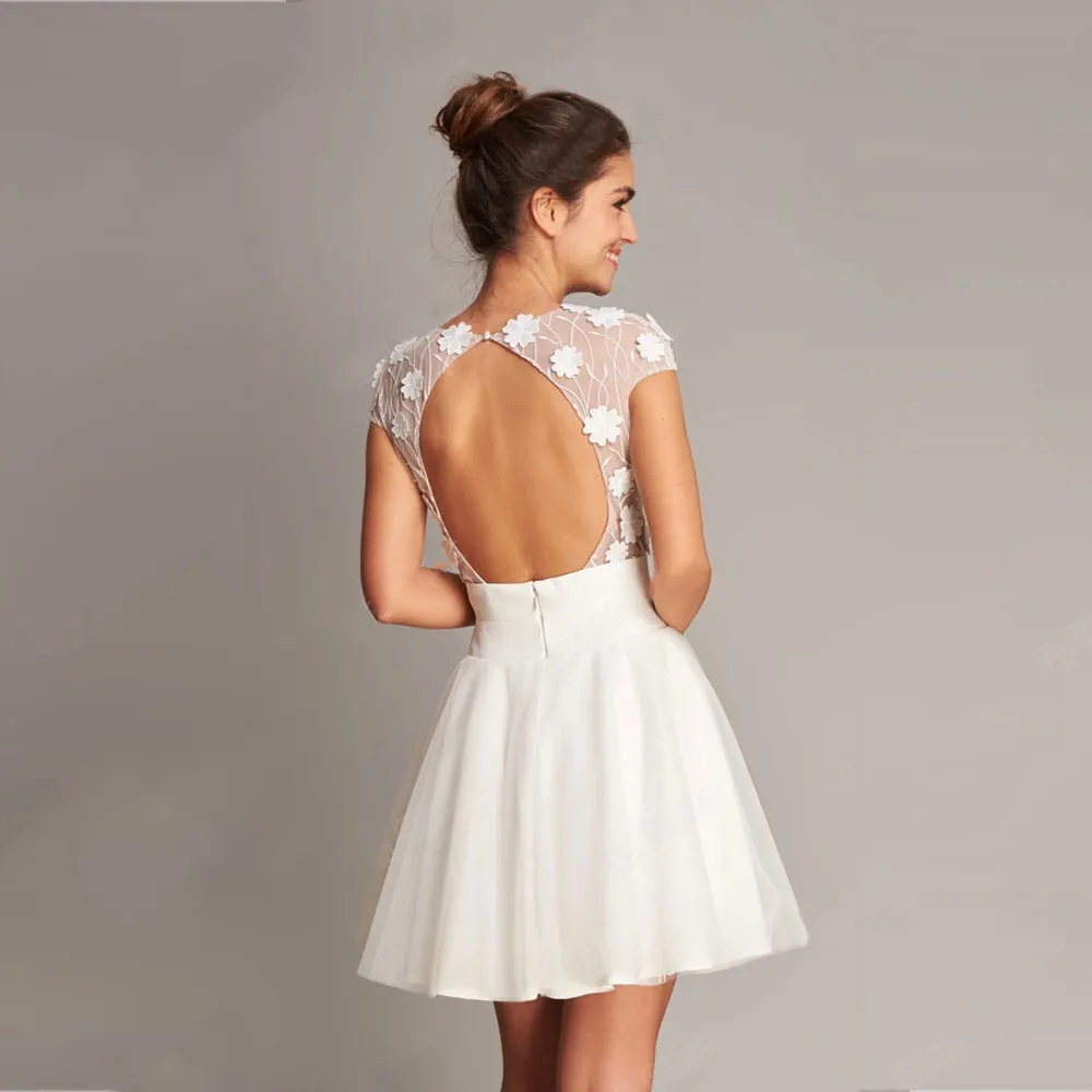 Princess Mini Short Wedding Dresses For Women 2024 Flower Romantic Skirt O Neck Cap Sleeve Bride Party Gowns Sexy Backless Vestidos De Novia
