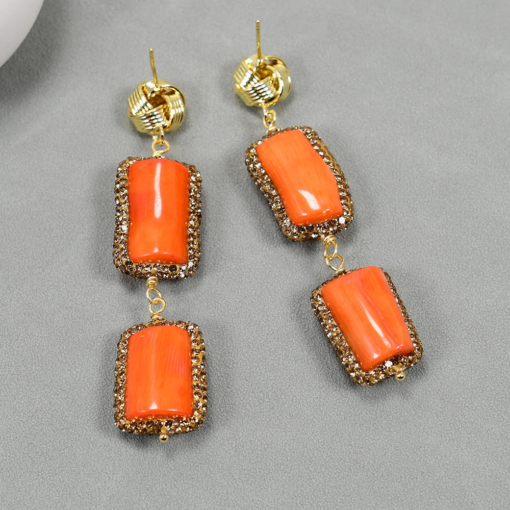 GG Natural Orange Coral Branch Golden Rhinestone CZ Paved Dangle Stud Earrings Jewelry Gifts Handmade For Women Party Gifts 240520