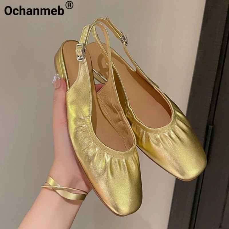 Ochanmeb Genuine 2025 Leather Women's Slingback new Flats Designer Gold Sier Pleated Buckle Strap Shoes Flat Sandals Woman 33-42