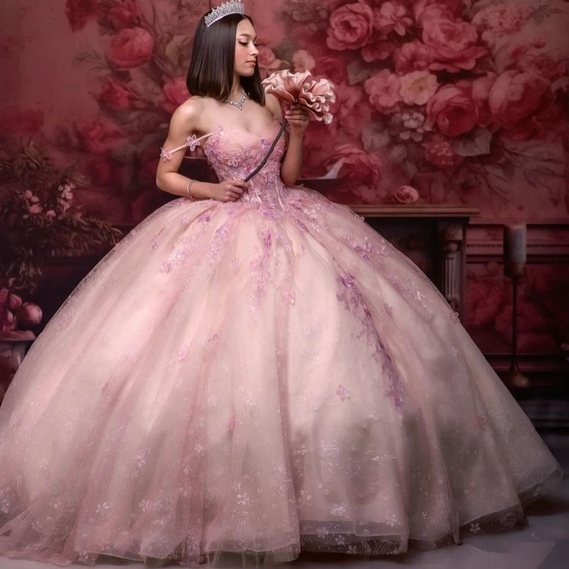 Pink Ball Gown Quinceanera Dress Tulle Appliques Flowers Champagne Lining Off Shoulder Sweet 15 16 Years Birthday Party Formal Dresses
