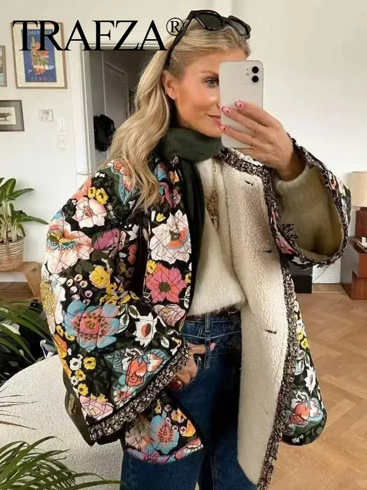 TRAFZA Women Elegant Floral Reversible Coat Vintage Long Sleeve Cardigan Jacket 2023 Autumn Women Streetwear Coats