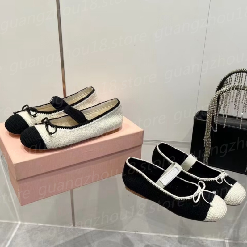 10A Premium Designer Knitted Ballet Shoes Round Toe Women's Fashion Color Blocking Elegant Cute Shoes with Bow Knot 27624