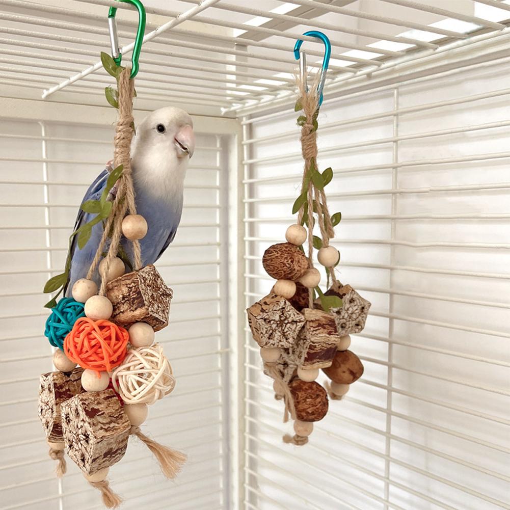 Parrot Toys Wooden Hanging Parrot Chewing Toy Rattan Ball Wooden Beads Bird Cage Accessories Bird Cage Bite Toy for Birds