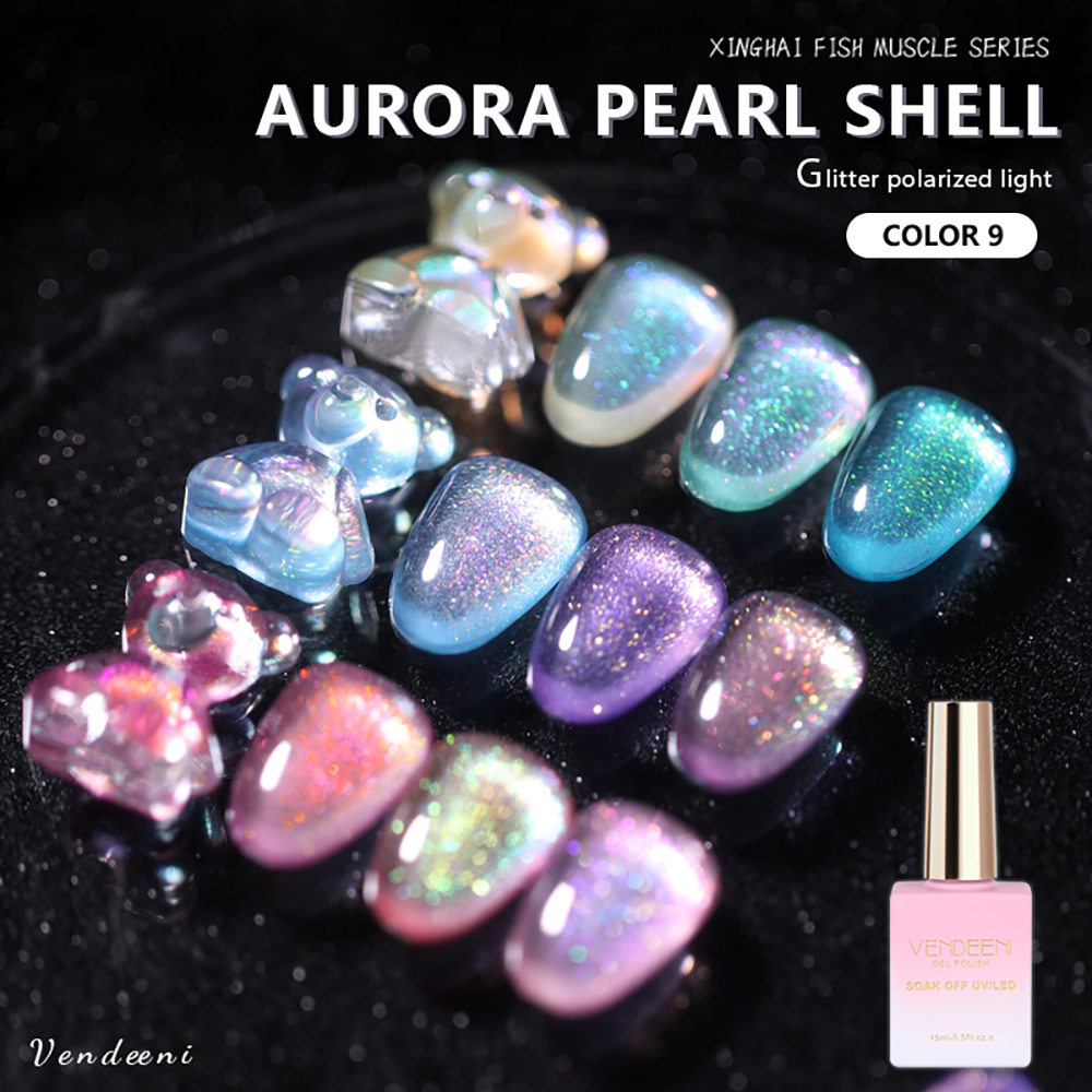 Vendeeni 9 Colors Pearl Shell Colors Nail Gel Polish Shiny Aurora Effect UV Soak Off Gel Varnish Mermaid Nail Art Gel Lacquer