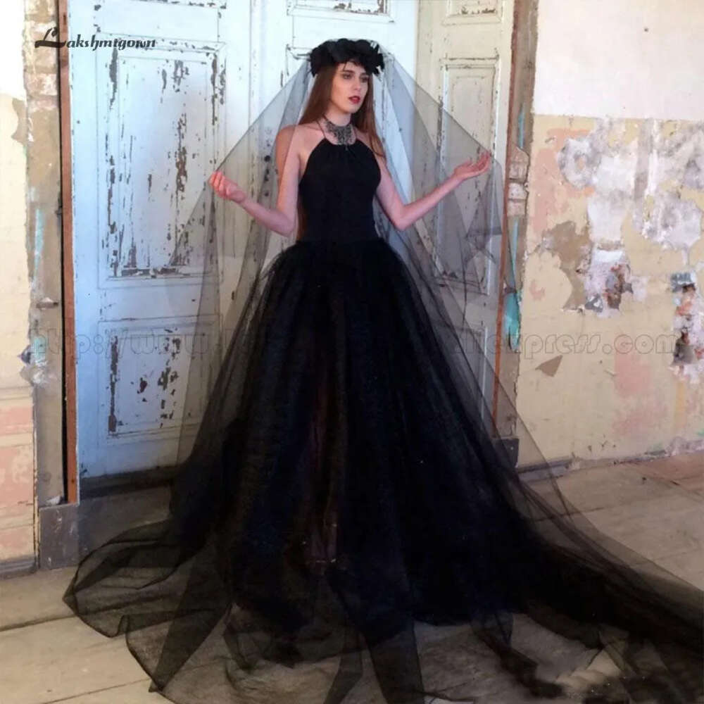 Custom Made Wedding,Gothic Black Wedding Dress A Line Tulle Bridal Gown Open Back Simple Elegant Mariage 0521