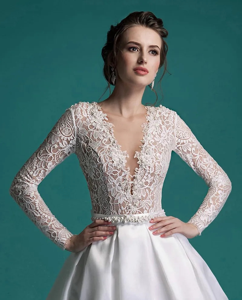 Vestido de noiva Lace Wedding Dress 2024 Short Champagne Tulle Pearls Bride Dresses Knee Length Illusion Back Wedding Gowns