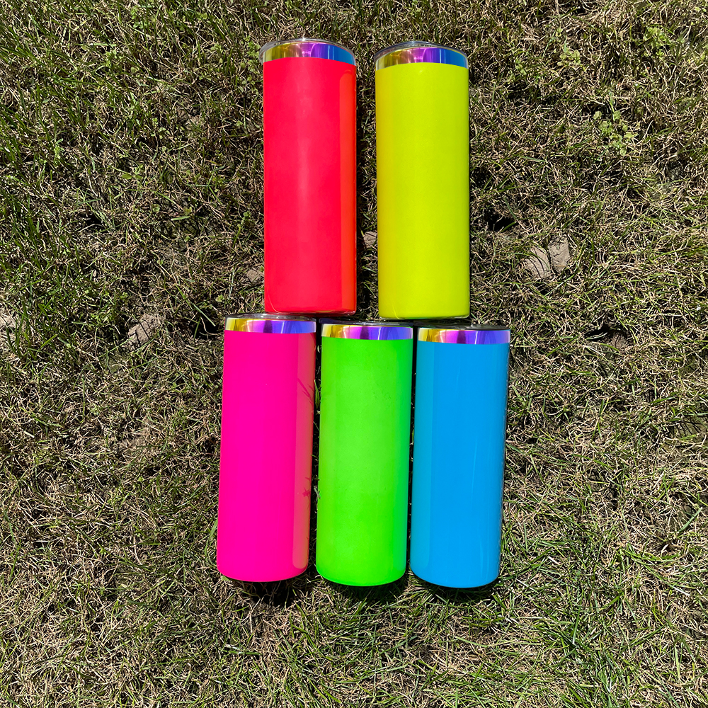 Neon colored 25pack 20oz rainbow underneath stainless steel skinny straight tumbler vacuum insulated mug with colored straw for laser engrave