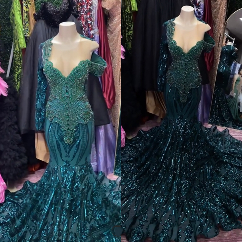 Sequined Sparkly Green Mermaid Prom Dresses Crystals Beaded Luxurious Evening Gowns One Shoulder Long Sleeve Sexy Pageant Birthday Party Dress For Wom