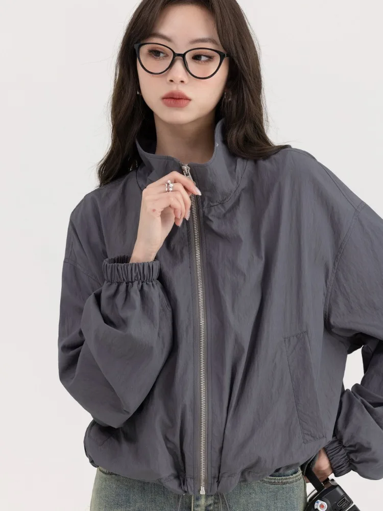 Deeptown Korean Y2K Dark Grey Jackets Women Gorpcore Windbreaker Crop Jacket Female Harajuku Korean Oversize Zip Up Outdoor Tops