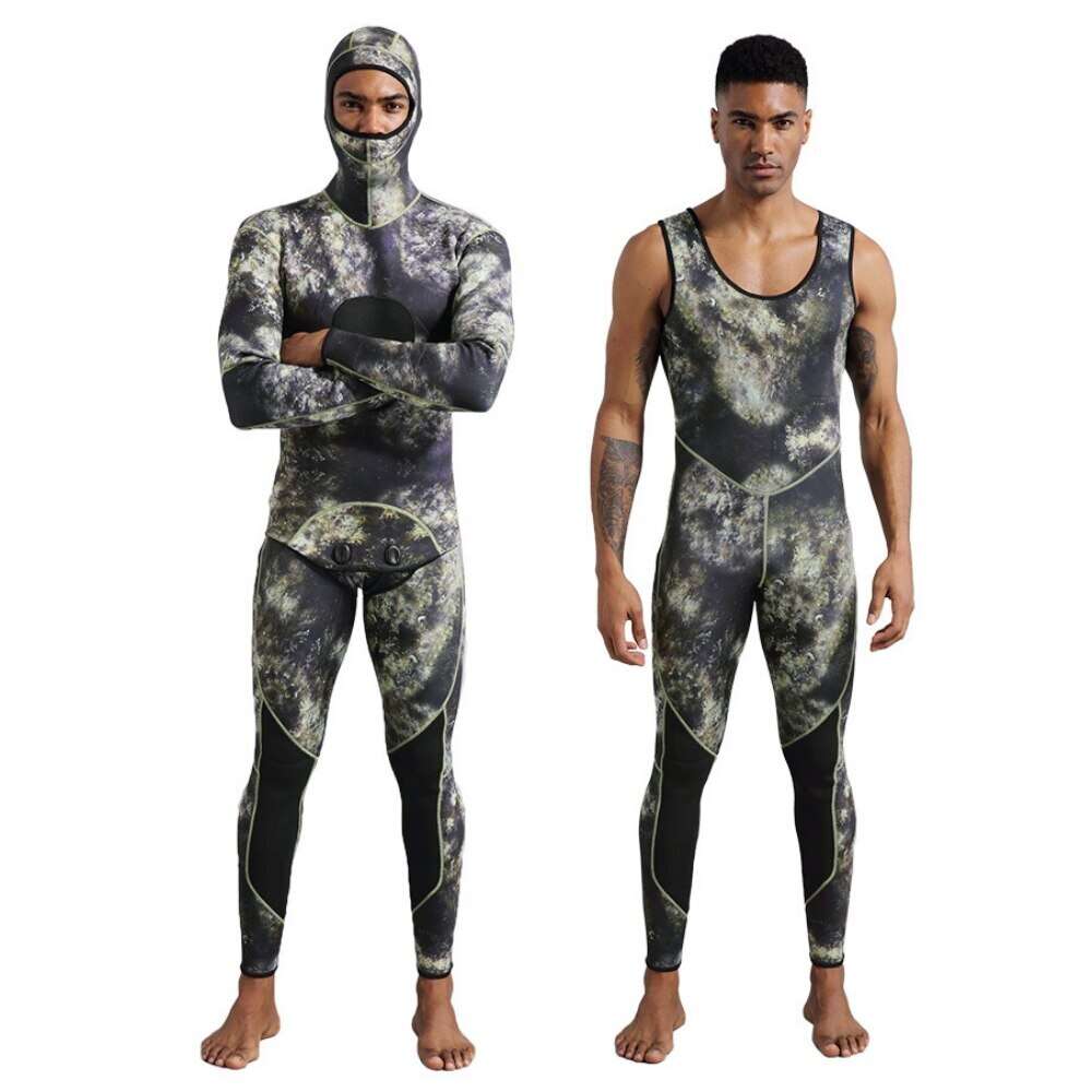 Wetsuit 3mm Camouflage Long Sleeve Fission Hooded 2 Pieces Of Neoprene Submersible For Men Keep Warm Scuba Diving Suit Swimwear H521-210