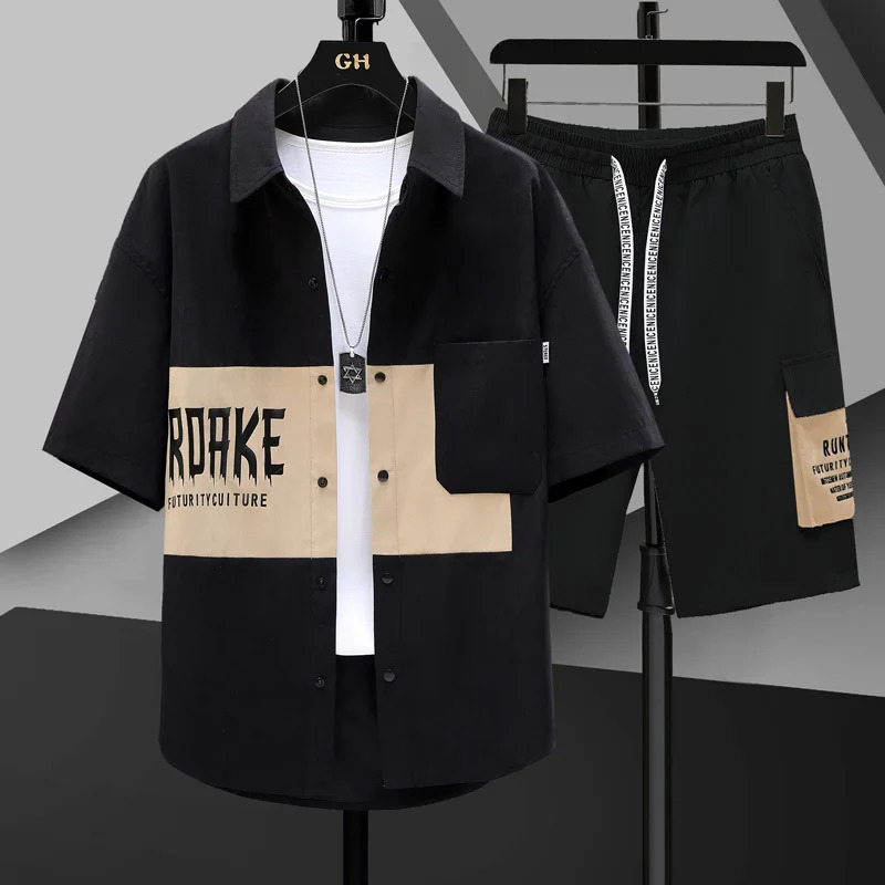 Summer 2 Pieces Set Tracksuit Mens Two Shirt Shorts Harajuku Streetwear Oversized Men Sets Short Outfits Suits 240518