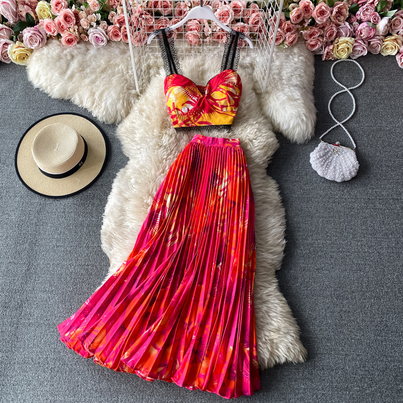 Two Piece Dress Summer Bohemian Set Women Floral Printed Short Cup Padded Lace Stitching Crop TopsHigh Waist Pleated Maxi Skirt 230209