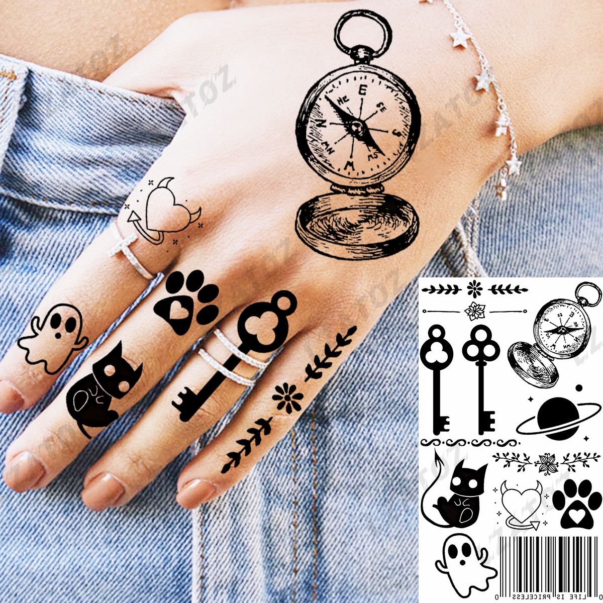 Unique Compass Temporary Tattoos For Woman Kids Realistic Ghost love Fake Tattoo Sticker Small Hand Water Transfer Tatoo Decal
