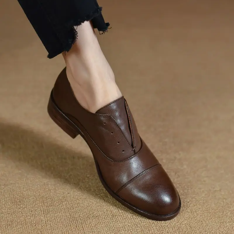 Vintage Round Toe Simple Shoes Ladies Cowhide Soft Leather Flats Low Heel Slip On Quality European OxfordsRetro Shoes For Women