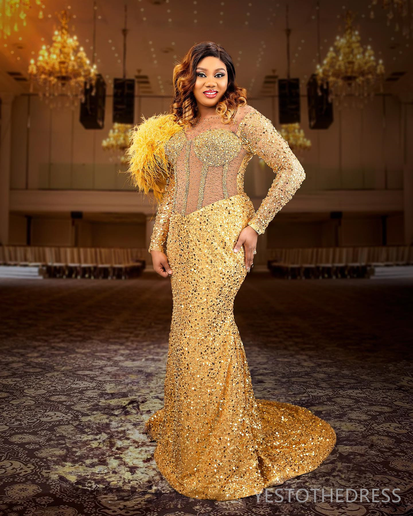 2024 Aso Ebi Gold Prom Dresses for Special Occasions Feathered Promdress for Black Women Long Sleeves Sequined Lace Beaded Luxury Birthday Reception G