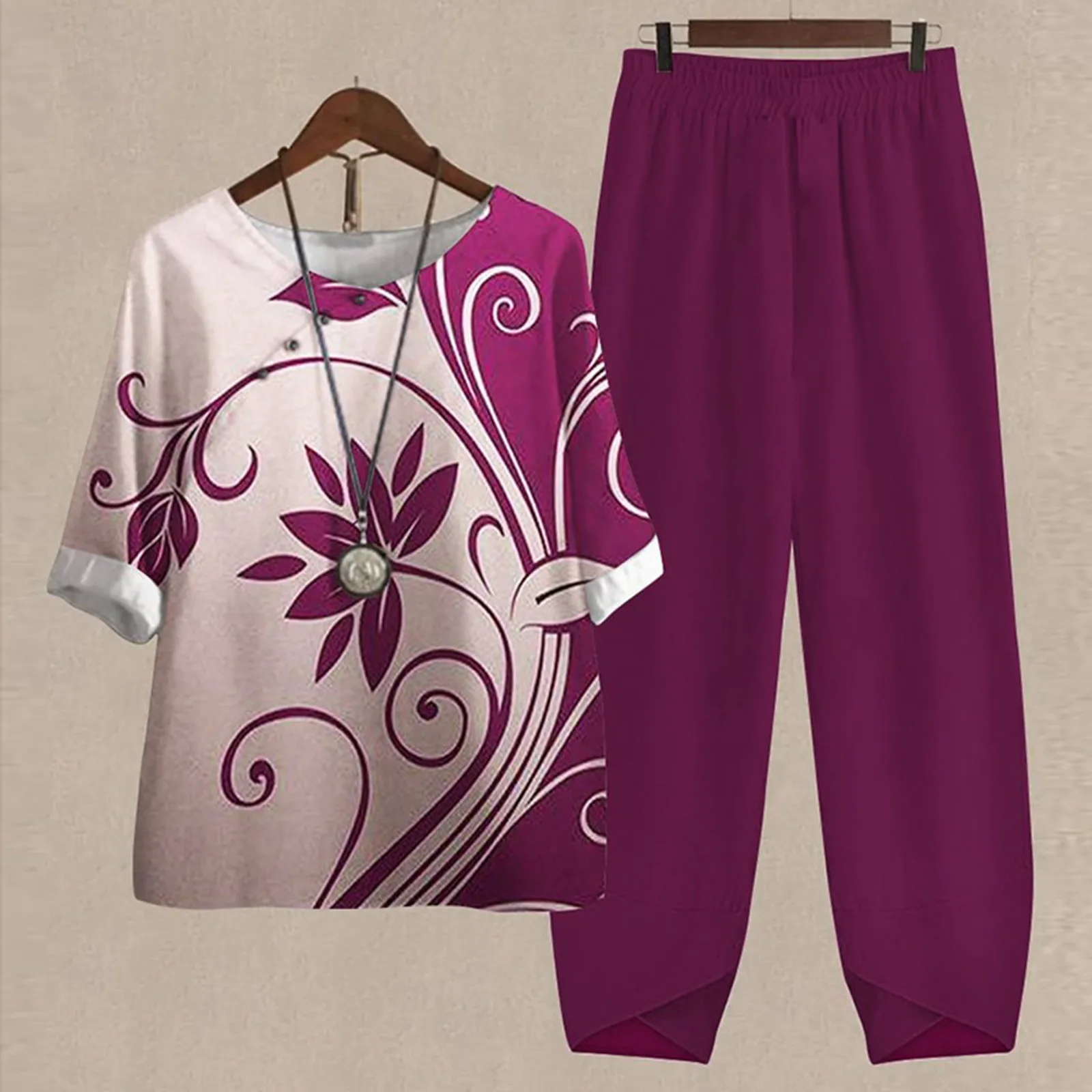 Ladies Two Piece Set Women Elegant O Neck Five Sleeve Printed Blouse Pants Two Piece Loose T Shirt High Waist Loose Pants Suit