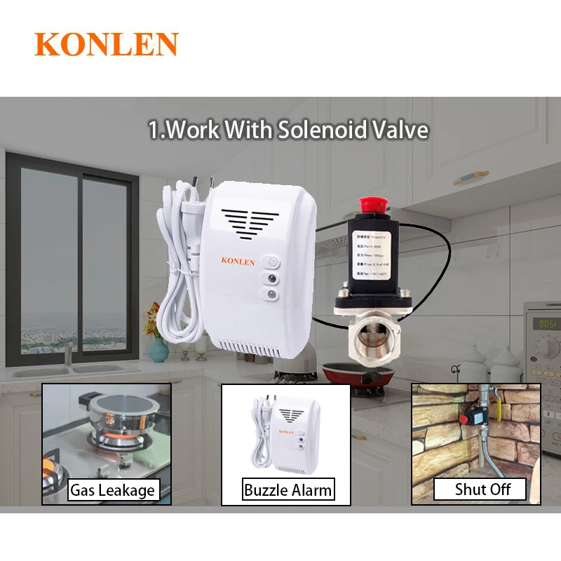 Natural LPG Gas Detector Methane CH4 Leak Alarm Sensor Shut Off Smart Solenoid Valve DN20 15 Automatic Control Home Fire Safety