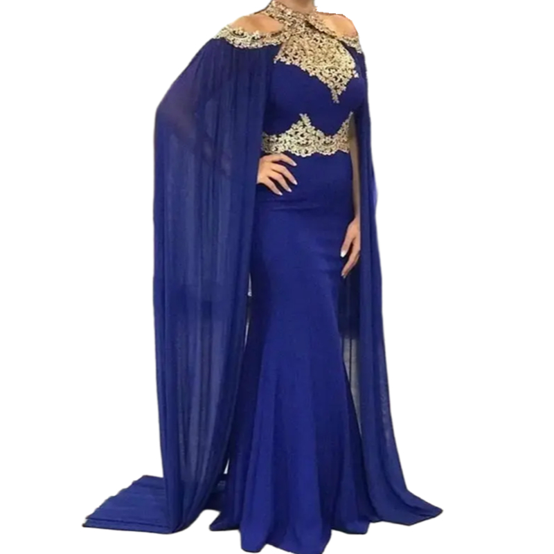 Elegant Cape Mermaid Evening Dresses With Gold Lace Appliques Royal Blue Chiffon Long Cloak Arabic Long Formal Occasion Gowns For Women 2024